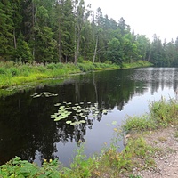 Озеро Мустоярви у Коневского скита. Вид от мостика через пролив между озёрами