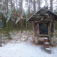 На территории "Национального парка Мещёра" у музея под открытым небом «Русское подворье». Экологическая тропа «Лесной мир Мещёры». Участок «Мир сказок». Арт-объект "Избушка на курьих ножках с Бабой-ягой и Гуси-лебеди".