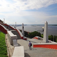 Чкаловская лестница. Место сопряжения лестничных боковых пролётов в виде окружностей восьмёрки. Вид правого крыла (по подъёму в сторону Кремля) с лестничными маршами, парапетом, балюстрадой и обелисками и открывающейся панорамой стрелки Оки и Волги.