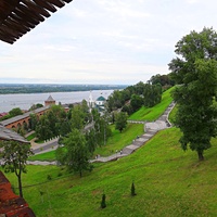 На территории Кремля. Вид с Часовой башни на Белую башню, прясло между ними, храм Симеона Столпника и  Мининский сад.