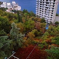 Вид с канатной дороги санатория "Горный" на корпус «Дружба», постройки 1985г. совместно с чехами (знаменитая «летающая тарелка») комплекса «Курпаты» Управ. делами Президента РФ и строящийся 14-и этажный апарт-комплекс «Царский Берег».