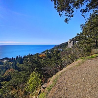 Вид с Царской (Солнечной) тропы на Черноморскую акваторию, побережье и посёлок. Справа - гора Урьянда (известная как Ореанда-Исар или Крестовая).