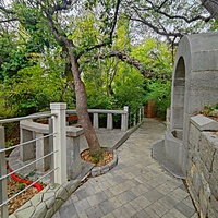 Территория санатория "Днепр" (бывшего дворцово-паркового ансамбля Харакс).  Одна из аллей  с аркой фонтана в подпорной стене.