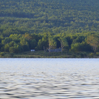Вид на останки села Тулинского с озера в 2025 году. По состоянию на этот год село практически нежилое.