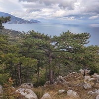 Скальный выступ над одним из обрывов южного склона горного массива Могаби у Стройгородка. Вид на горно-лесистую территорию, побережье к В от Стройгородка.