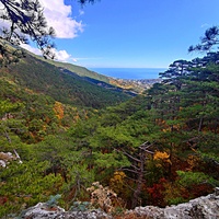 Вдоль пешеходного экологического маршрута "Боткинская тропа" на территории Ялтинского горно-лесного заповедника. Внизу - ущелье Яузлар и далее - хребет Иограф, справа- побережье и окрестности Ялты.