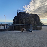 Скала с гротом — изюминка пляжа санатория "Ай-Петри" в Мисхоре. Огромный валун с отверстием, через которое можно попасть внутрь скалы и выйти на пляж. На вершине скалы находится смотровая площадка.