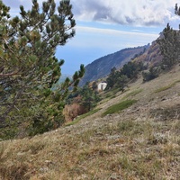 Вдоль дороги к п. Охотничье. В центре белые полоски - крутой поворот Бахчисарайского шоссе (дорожный серпантин, который в народе иногда называют "тёщин язык").