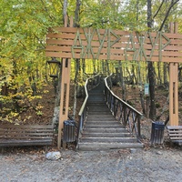 Начало экотропы с деревянными ступенями и перилами к водопаду Джур-Джур на реке Улу-узень по территории гос. природного гидрологического заказника регионального значения «Хапхальский».