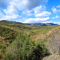 Урочище Малое Семидворье на холмах и склонах балки Сотера. Вдали - гора Демерджи.