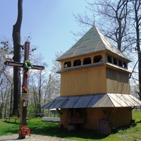 Wooden belfry of St. Basil's church in Bartativ