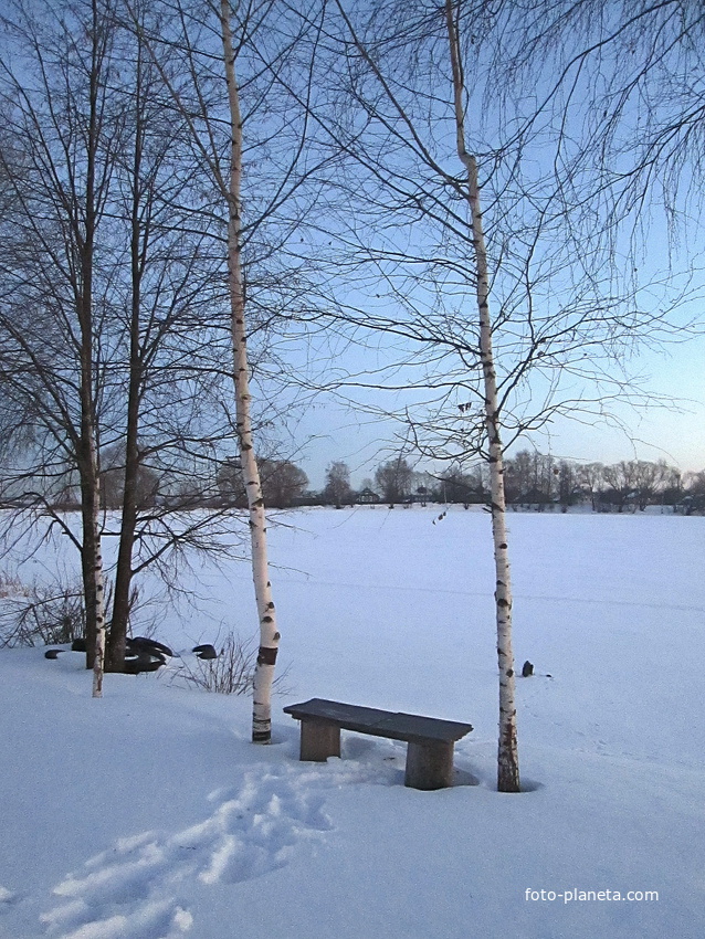 Скамейка у зимнего пруда.