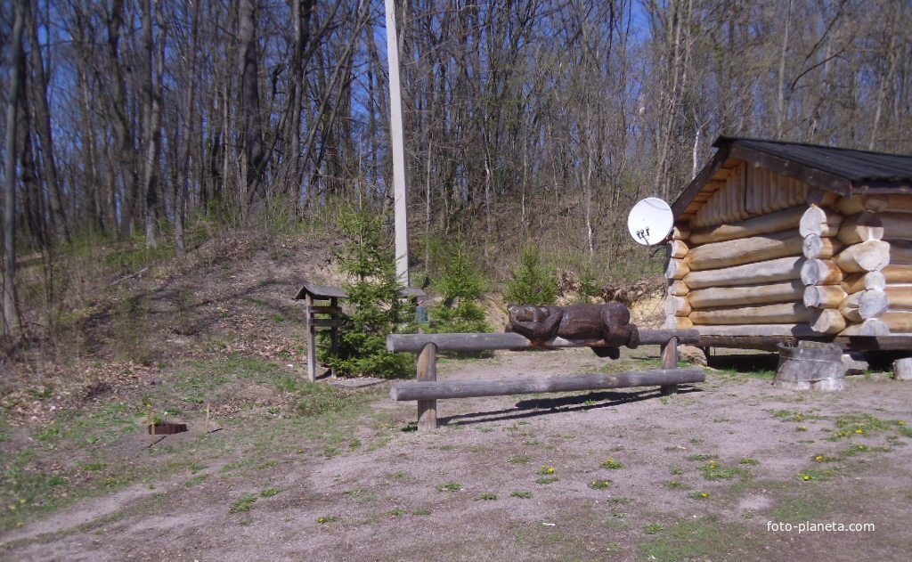 Деревянная скульптура спящего медведя.