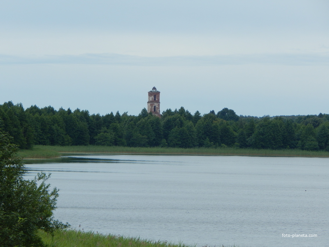 Вид с Черейского озера на колокольню Троицкой церкви