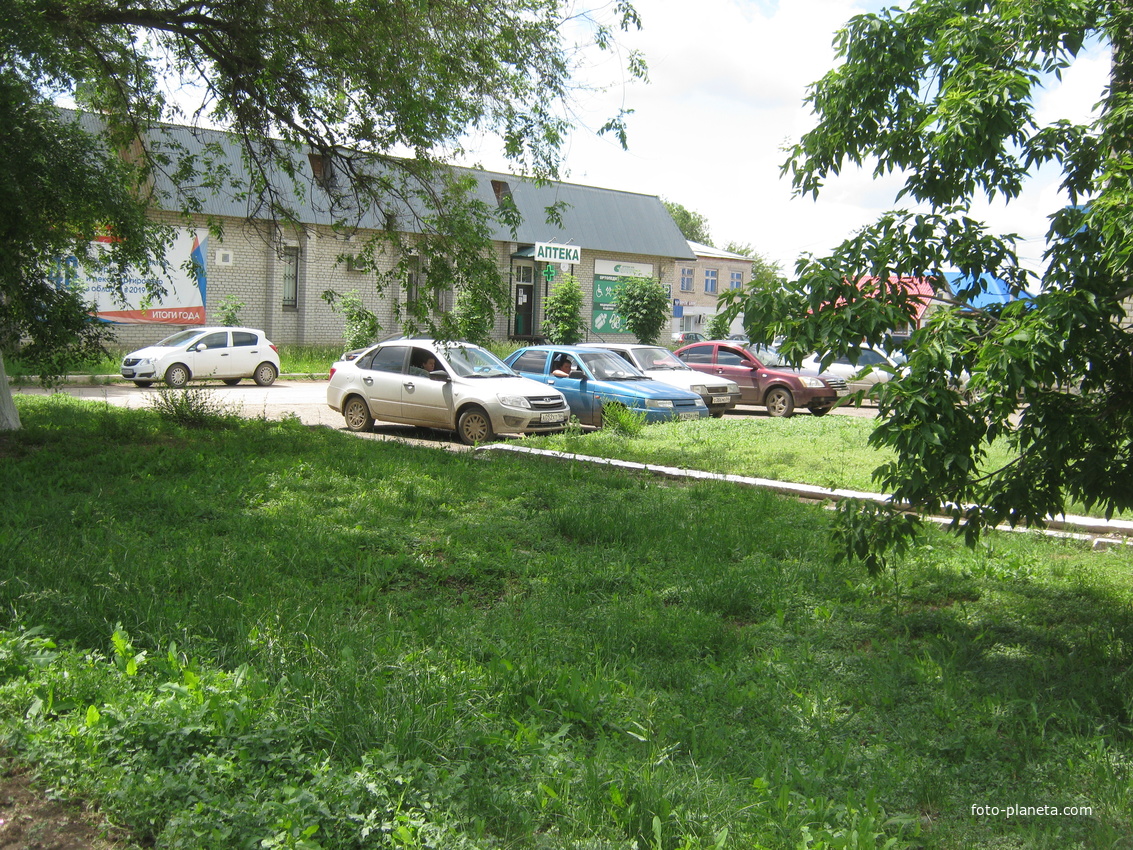 Зелёные лужайки в центральной части  у здания Сбербанка.