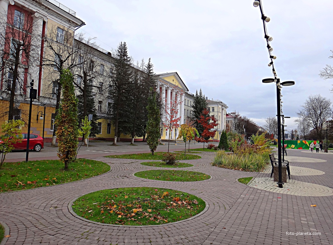 Политехнический колледж на проспекте Ленина и Центральная аллея с декоративными насаждениями.
