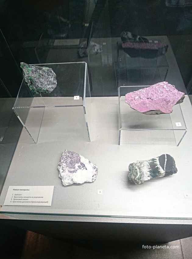 Музей пермских древностей. Геологический раздел. Новые минералы: шуйскит, кристаллы кальцита на родохроме, хромовый амезит, кристаллы доломита (приполированный),