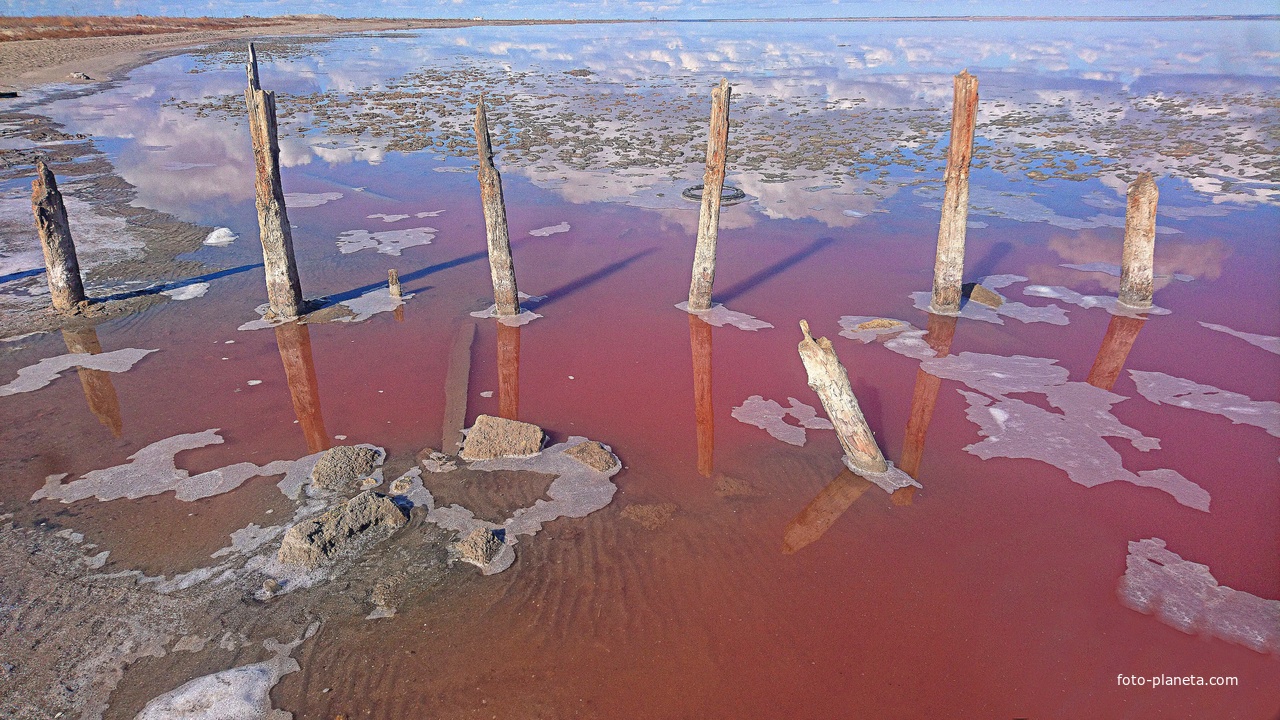 Озеро Сасык-Сиваш (Розовое озеро) - самое крупное озеро в Крыму. Цвет озерной воды - из-за бактерий, вырабатываемых водорослями. От их активности вода может менять свой цвет от красного до розового и сиреневого. Соль в озере тоже розовая.