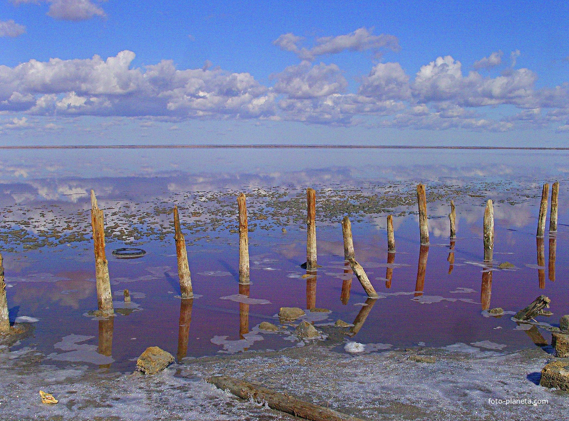 Акватория озера Сасык-Сиваш с остатками старых свай. Вид с юга на северо-запад.