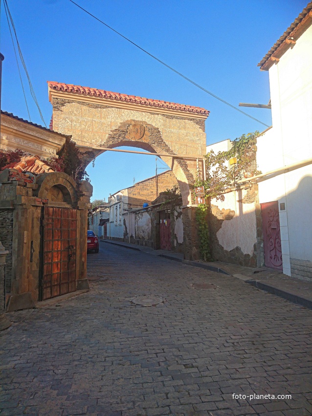 Арка с гербом выполнена в период реконструкции улицы Тучина силами строительной бригады индивидуального предпринимателя Олега Громова, специализирующегося на изготовлении фасадов по своей собственной технологии. Арка декорирована натуральным камнем.