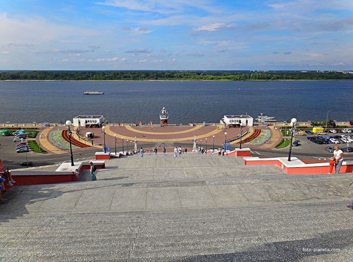 Вид на акваторию и побережье Волги с Чкаловской лестницы, расположенной на крутом склоне между Верхне и Нижневолжскими набережными. Чкаловская лестница строилась с 1943 по 1949гг. по проекту архитекторов Александра Яковлева, Льва Руднева.