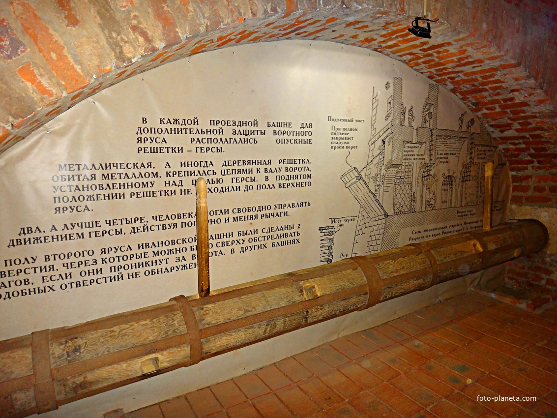 На территории Кремля. Схема защиты ворот Ивановской башни. Она состояла из подъемного моста, трех створчатых ворот и двух опускных решеток-герс. Реконструкция вала, с помощь которого поднималась одна из герс.