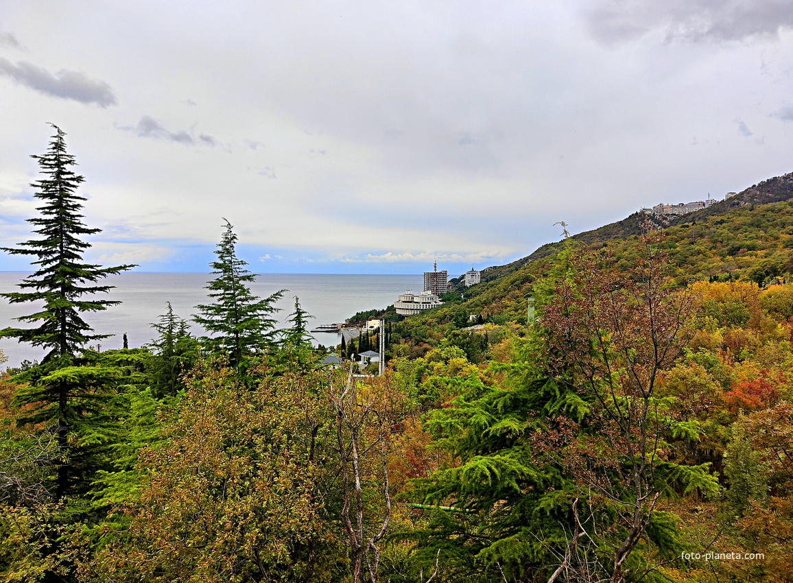 Вид с Алупкинского шоссе в Нижней Ореанде на Черноморское побережье п.г.т. Курпаты: корпус "Дружба" комплекса «Курпаты» («летающая тарелка»), строящийся 14-и этажн. апарт-комплекс «Царский Берег»", высотный ЖК "Южная Пальмира", вверху - Стройгородок.