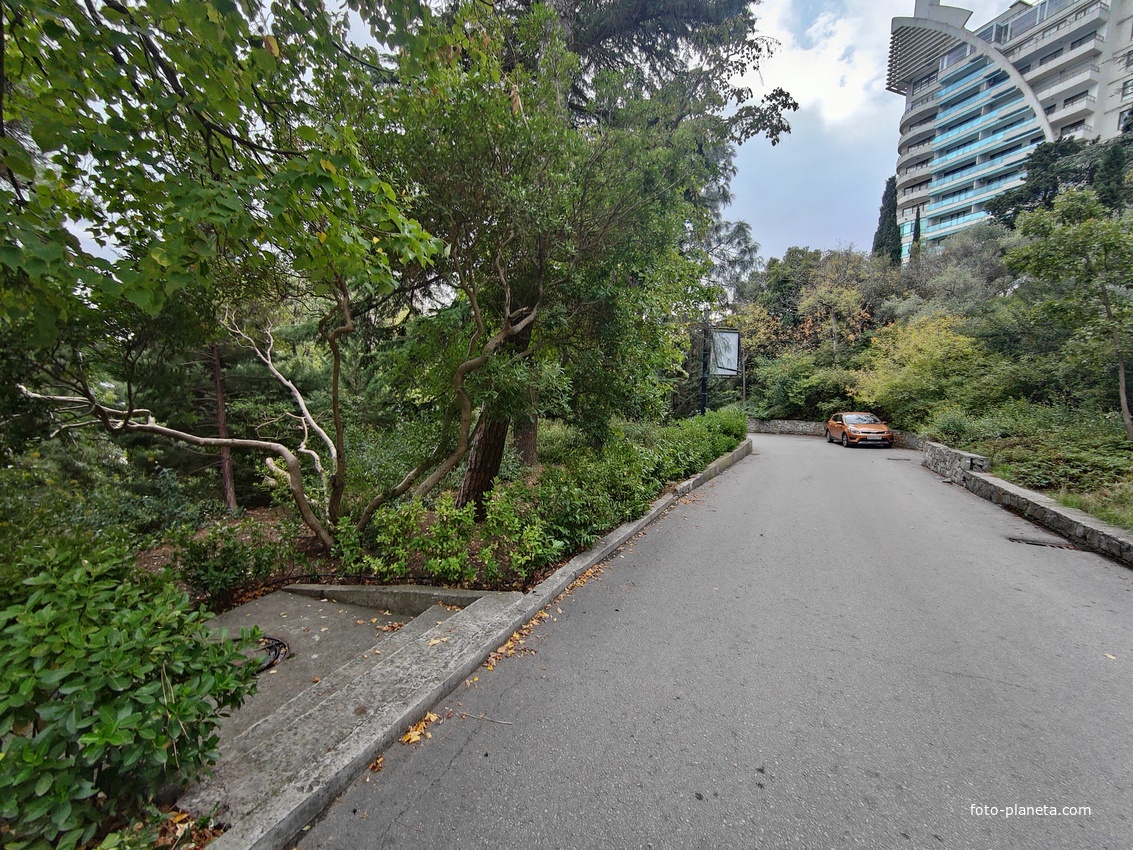 На территории Приморского парка имени Ю. А. Гагарина. Справа  апарт-отель"Парус".