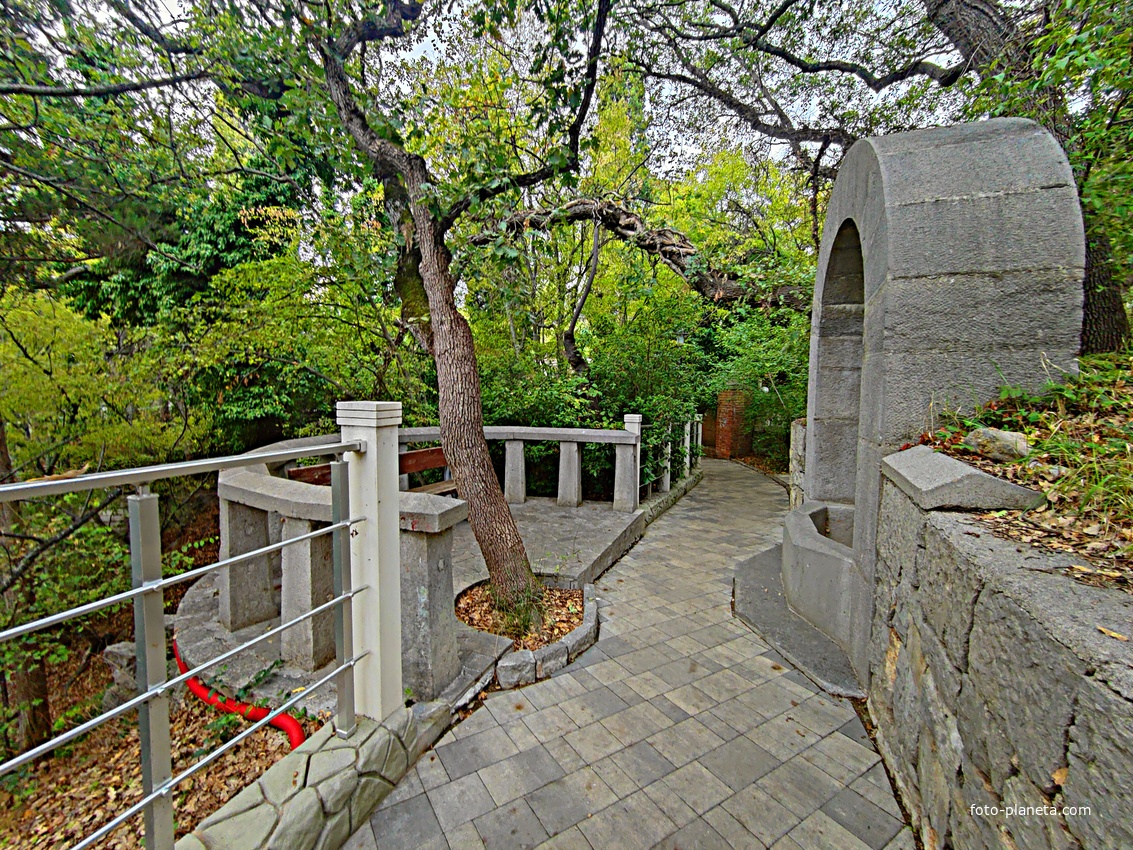 Территория санатория "Днепр" (бывшего дворцово-паркового ансамбля Харакс).  Одна из аллей  с аркой фонтана в подпорной стене.