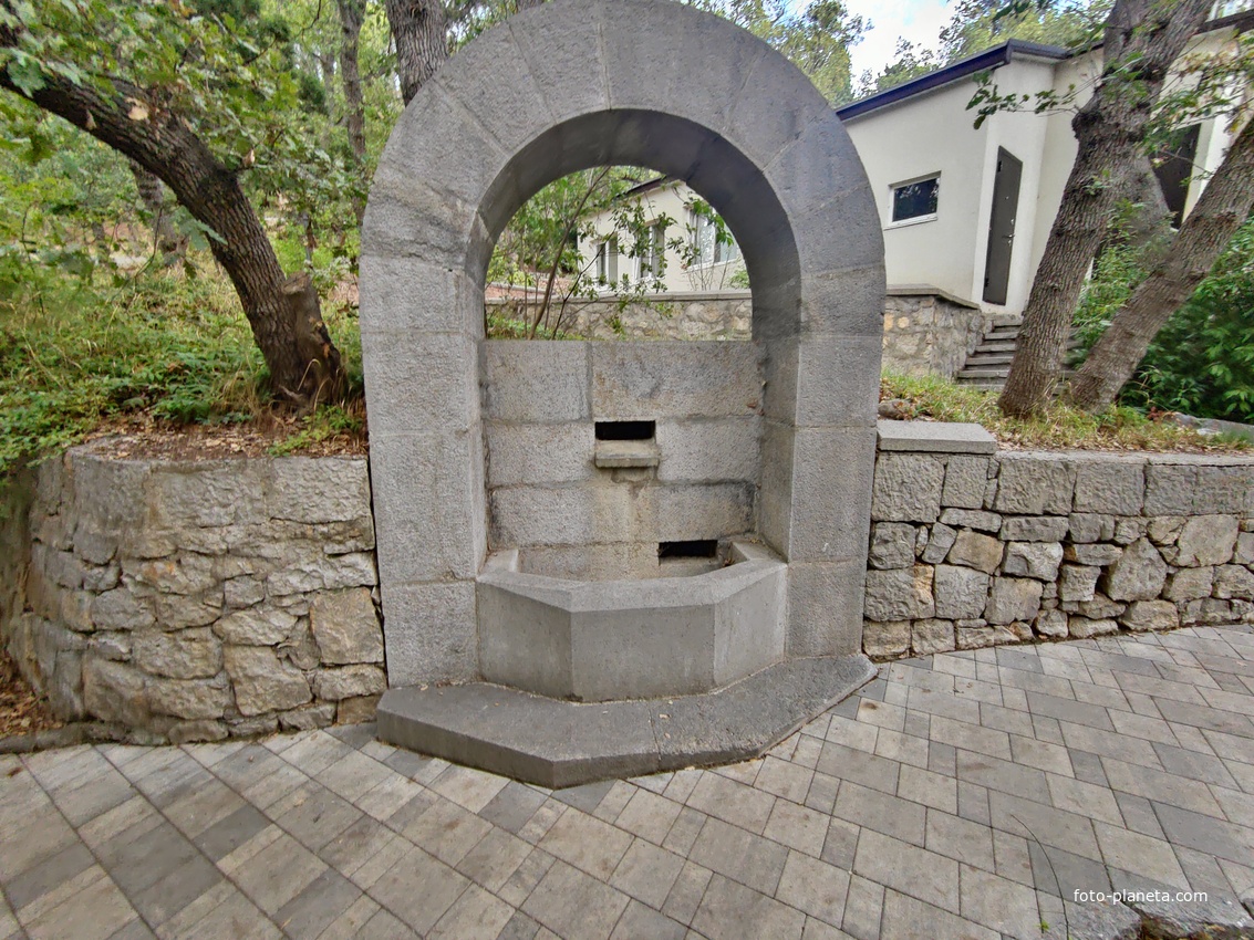 Территория санатория "Днепр" (бывшего дворцово-паркового ансамбля Харакс).  Одна из аллей  с аркой фонтана в подпорной стене.