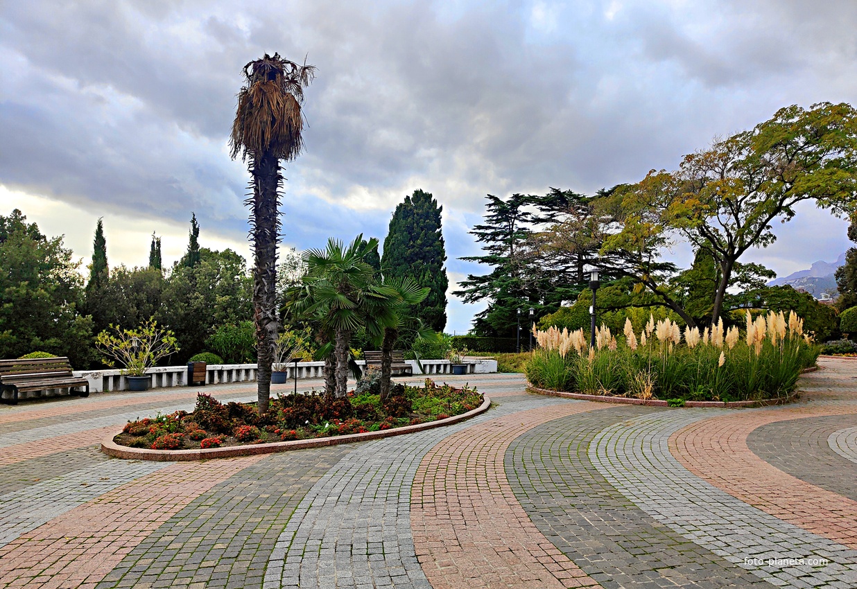 Территория санатория "Днепр" (бывшего дворцово-паркового ансамбля Харакс). Автор финального проекта и дворца и парка - архитектор Николай Петрович Краснов. Первичную структуру парка заложили архитектор М. Котенков и садовник И. Архипов.