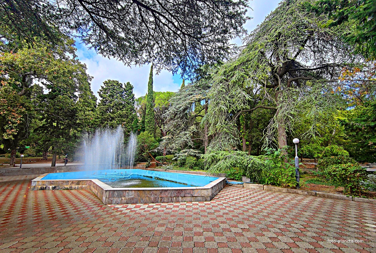 Территория санатория "Днепр" (бывшего дворцово-паркового ансамбля Харакс). Автор финального проекта - архитектор Н. П. Краснов. Первичную структуру парка заложили архит. М. Котенков и садов. И. Архипов. Фонтан Большой центральный.