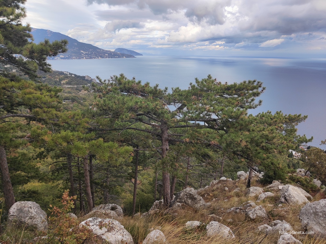 Скальный выступ над одним из обрывов южного склона горного массива Могаби у Стройгородка. Вид на горно-лесистую территорию, побережье к В от Стройгородка.