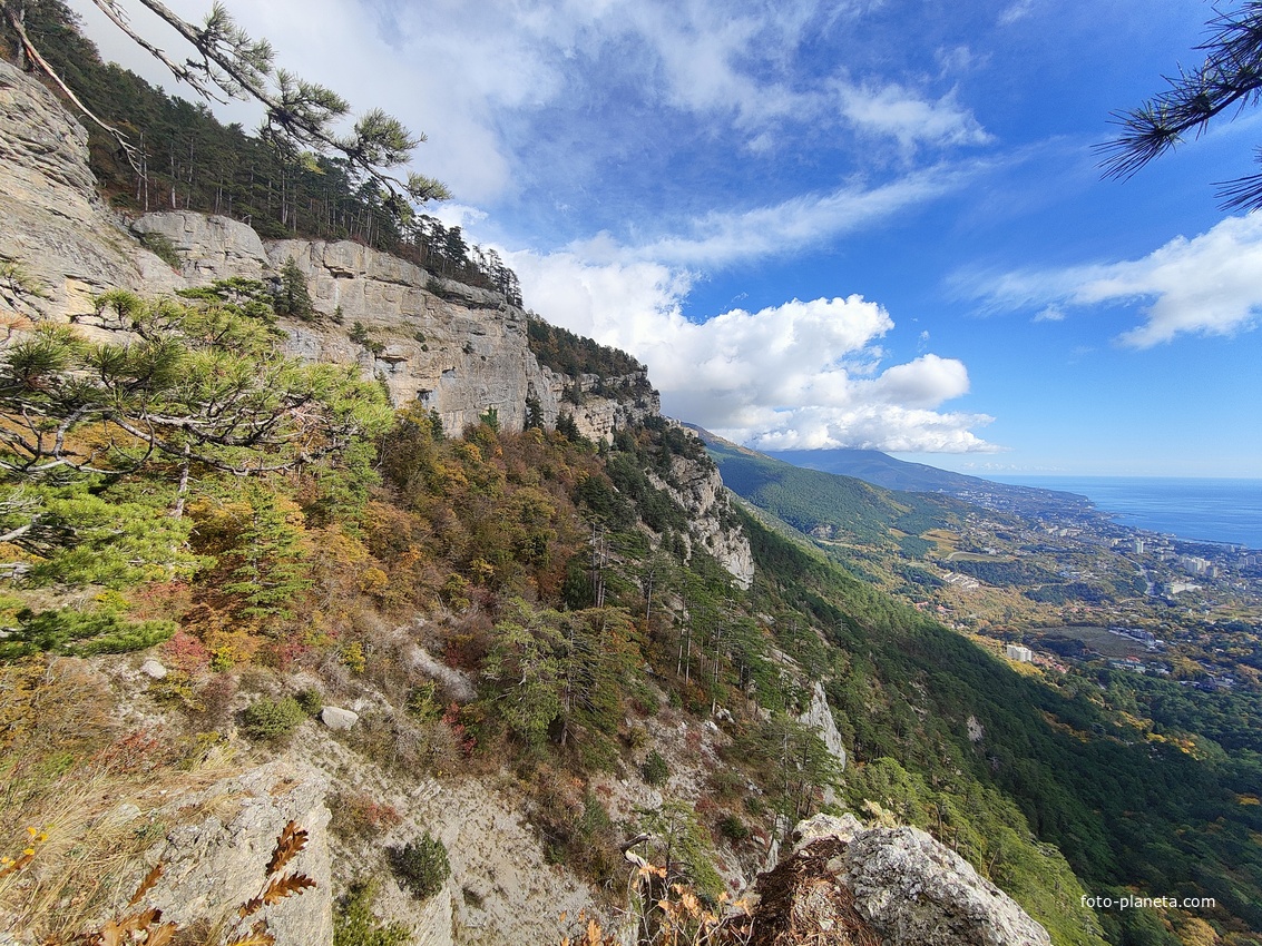Вдоль экологического маршрута "Штангеевская тропа" на территории Ялтинского горно-лесного заповедника. Вид на Ялту. Слева - скалистый обрыв южного склона Ялтинской яйлы.