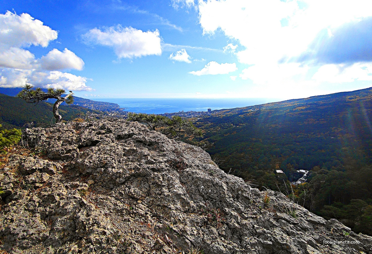 Вдоль экологического маршрута "Штангеевская тропа" на территории Ялтинского горно-лесного заповедника. Вид в сторону Ялты со скалистого обрыва южного отрога Ялтинской яйлы.