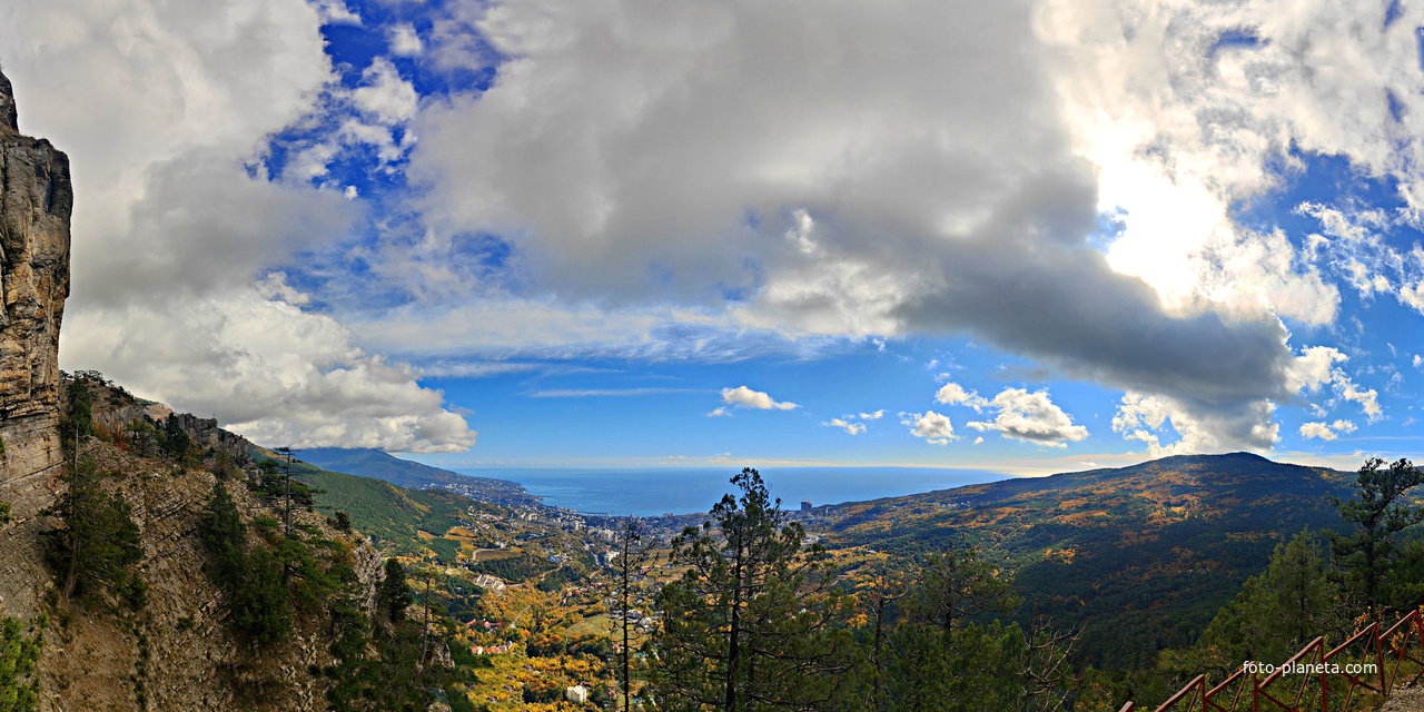 Скалистый обрыв южного склона Ялтинской яйлы вдоль экологического маршрута "Штангеевская тропа" на территории Ялтинского горно-лесного заповедника. Панорамный вид с Чёртова моста в сторону Ялты.