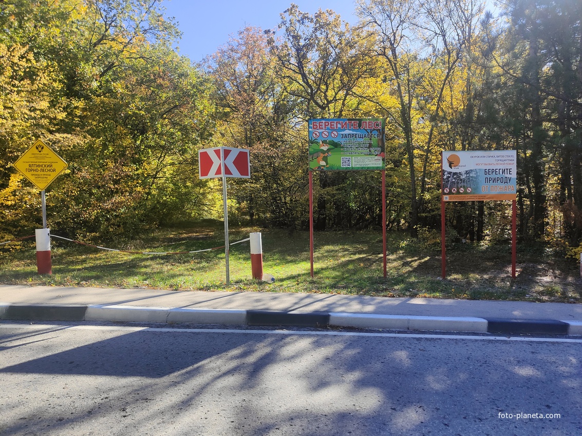 В начале пешеходного экологического маршрута "Курчатовская тропа" Ялтинского горно-лесного природного заповедника. Один из заходов на тропу на Севастопольском шоссе.