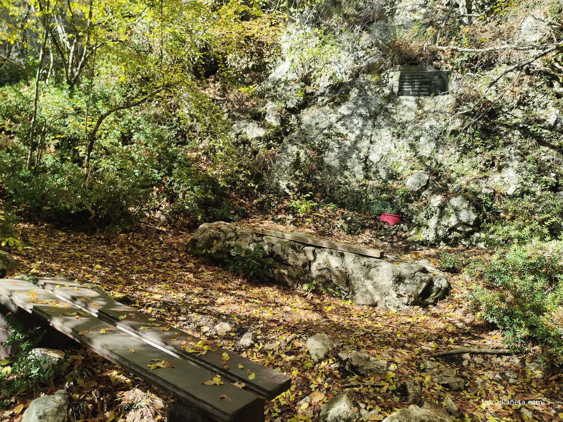 Лавочка для отдыха и мемориальная доска, посвящённая  И.В. Курчатову в начале пешеходного экологического маршрута "Курчатовская тропа" Ялтинского горно-лесного природного заповедника.