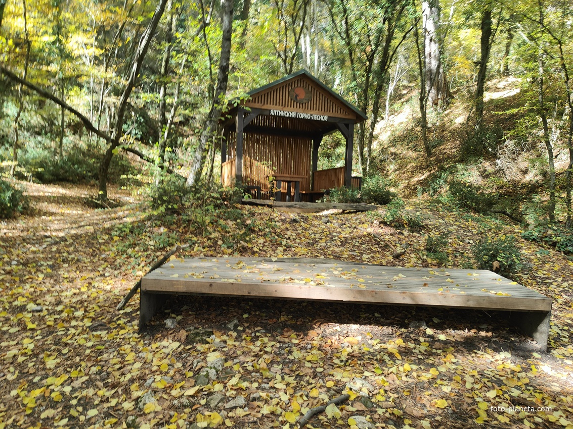 Зона отдыха в начале пешеходномгоэкологическом маршруте "Курчатовская тропа" Ялтинского горно-лесного природного заповедника.