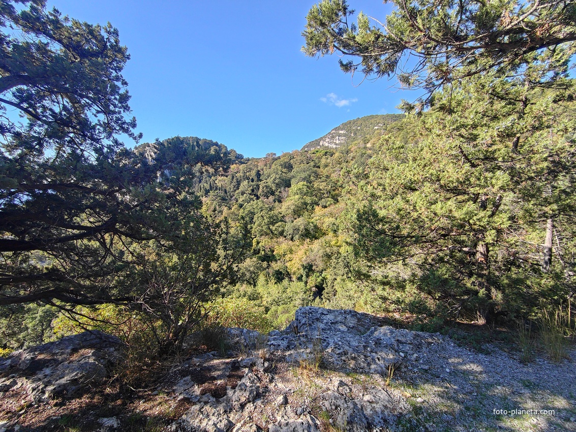 Вдоль Царской (Горизонтальной, Солнечной) тропы по ЮБК от Ливад. дворца до сан. им. Розы Люксембург в Гаспре. Длина — 6,7 км; наклон — < 3° (поэтому горизонтальная); высота над морем, — 133–203 м. Слева - г. Урьянда (Крестовая), справа - Ай-Никола.