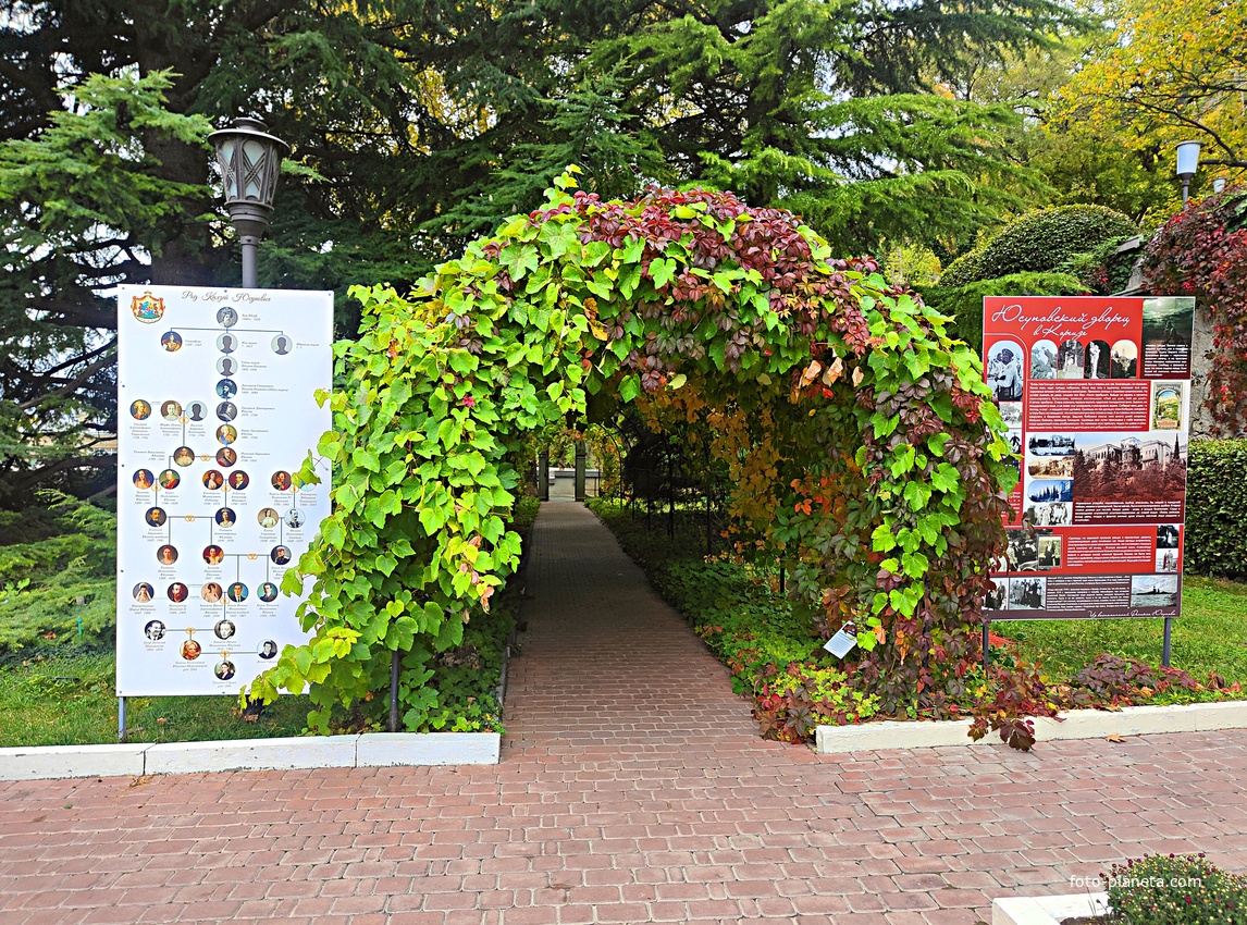 Княгиня Анна Голицына построила здесь дачу «Розовый дом» и разбила сад. В 1880-х гг. имение приобрёл князь Феликс Юсупов-старший. В 1909 г. Феликс Юсупов-младший перестроил дачу в полноценный дворец. Пергола в парке перед дворцом.