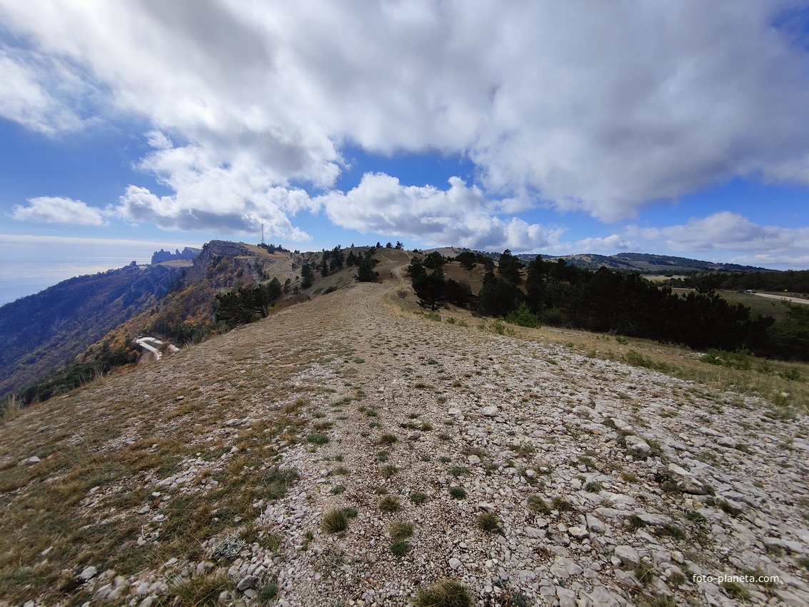 Ай-Петринская яйла вдоль дороги к пос. Охотничье. В центре белые полоски - крутой поворот Бахчисарайского шоссе (дорожный серпантин, "тёщин язык"). Вдали - вершина и зубцы Ай-Петри.