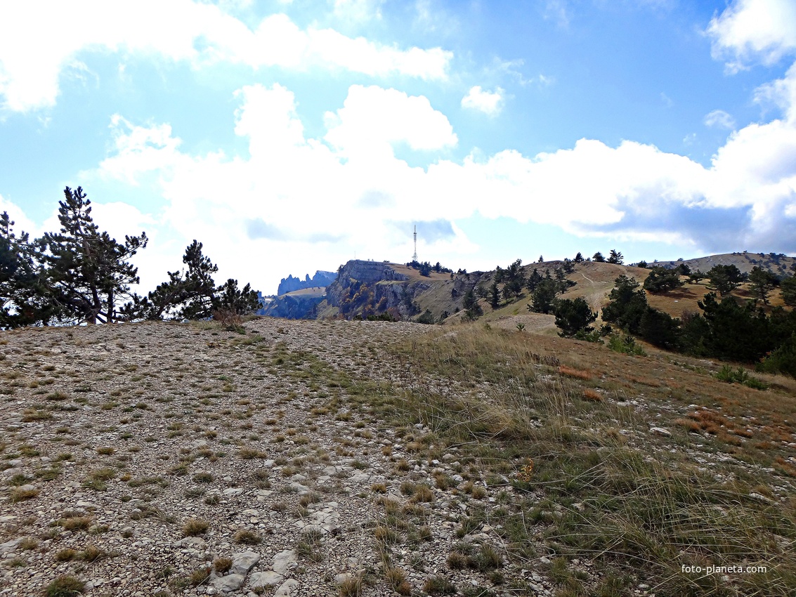 Ай-Петринская яйла вдоль дороги к пос. Охотничье. Вдали - вершина и зубцы Ай-Петри.
