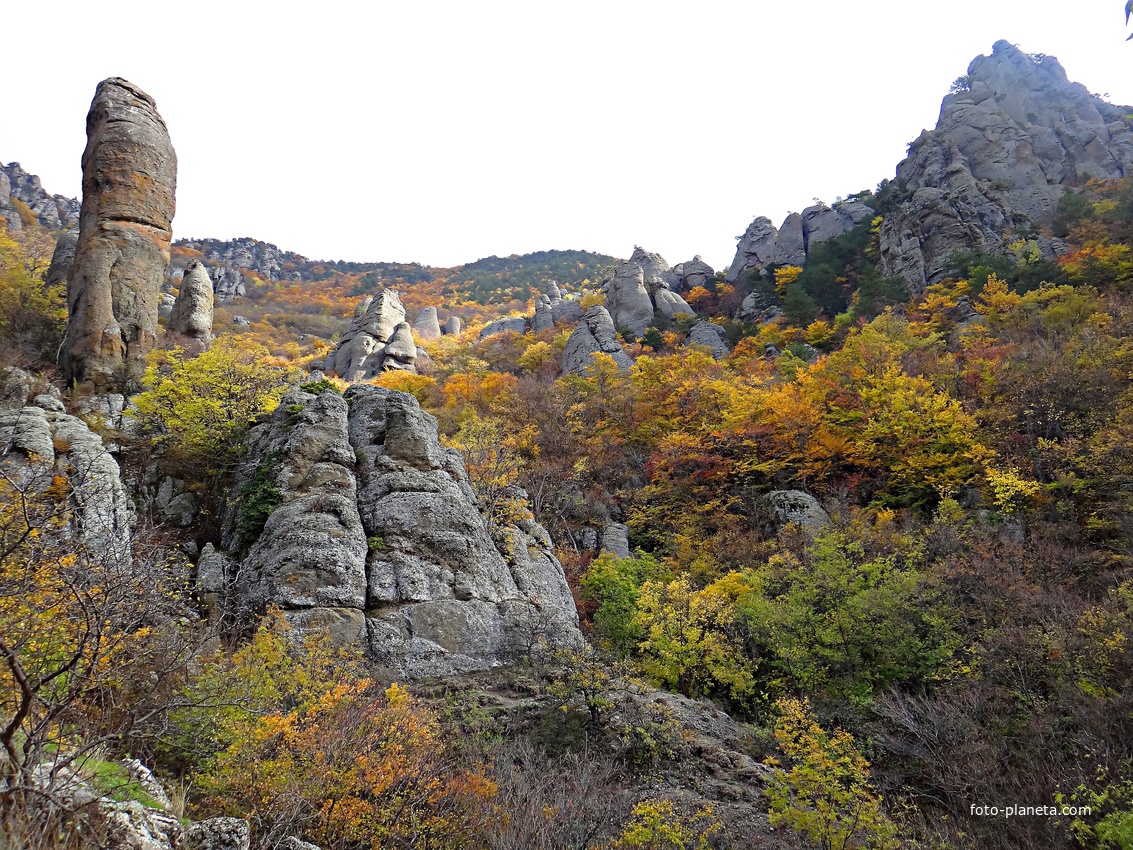 Долина привидений на склоне горы Южная Демерджи. Скала Великан в виде столба диаметром около 5 м, а высота достигает 25 м (его можно назвать ещё жандармом по типу горного рельефа).