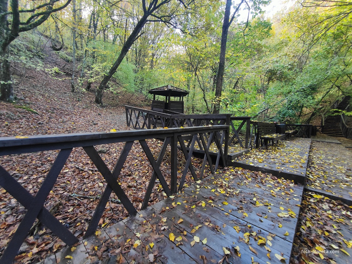 Экотропа с деревянными ступенями и перилами к водопаду Джур-Джур на реке Улу-узень по территории гос. природного гидрологического заказника регионального значения «Хапхальский».