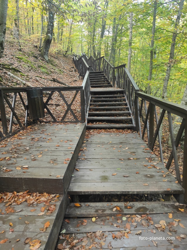 Экотропа с деревянными ступенями и перилами к водопаду Джур-Джур на реке Улу-узень по территории гос. природного гидрологического заказника регионального значения «Хапхальский».