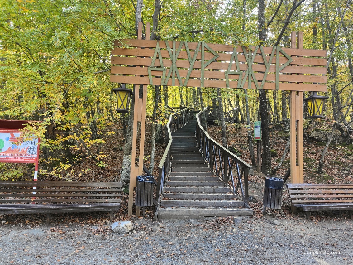 Начало экотропы с деревянными ступенями и перилами к водопаду Джур-Джур на реке Улу-узень по территории гос. природного гидрологического заказника регионального значения «Хапхальский».