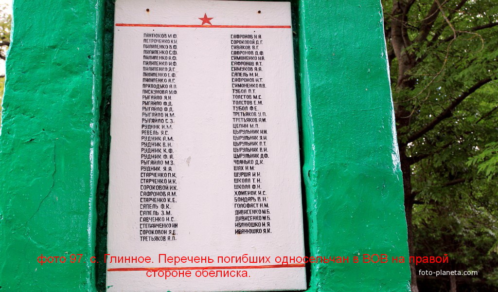 Поименный список погибших односельчан с правой стороны Обелиска.