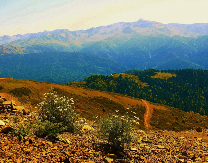 Вид со смотровой площадки Красной Поляны на Черноморскую горную гряду Кавказа.